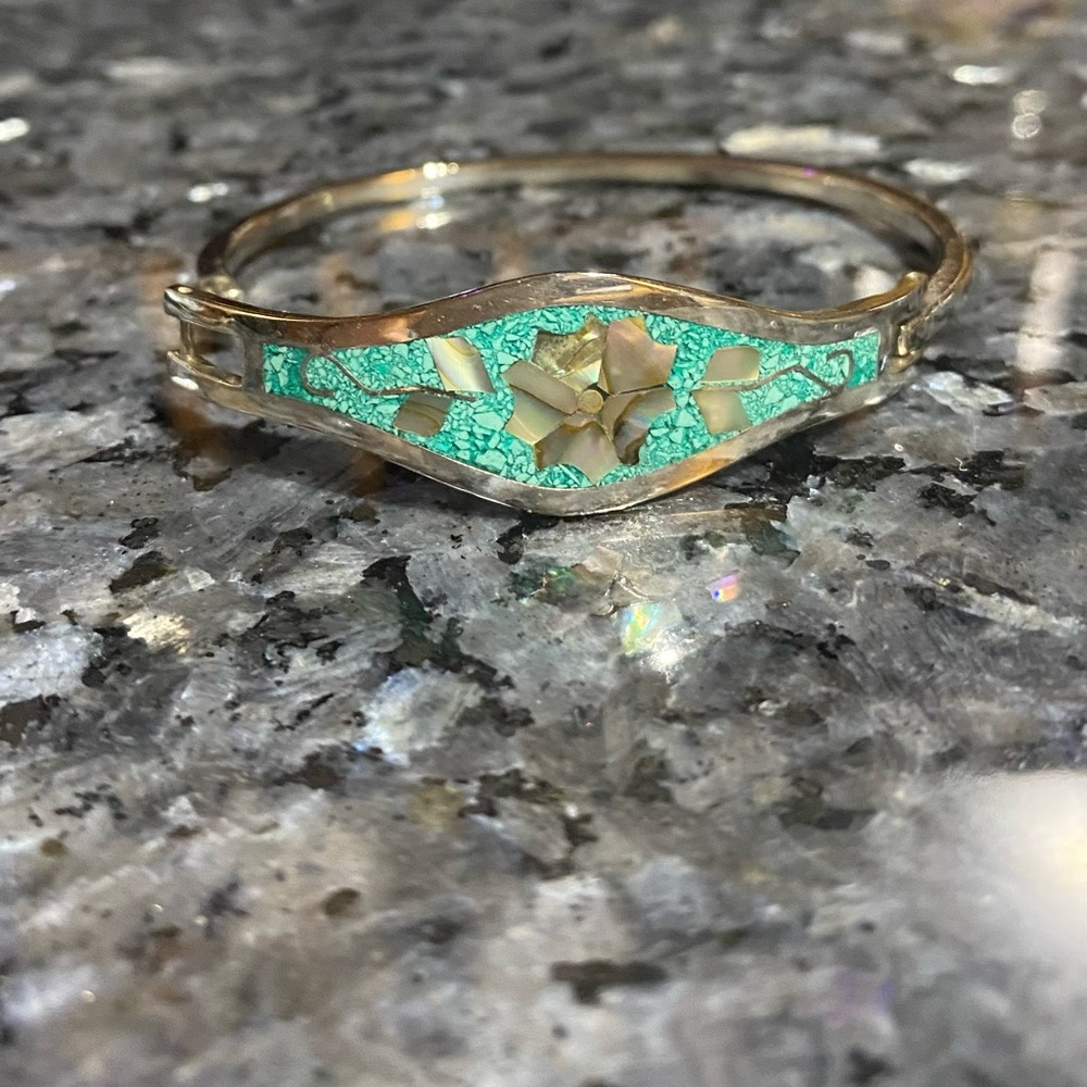 Vintage Sterling Silver Turquoise Abalone Flower Inlay Cuff Bracelet